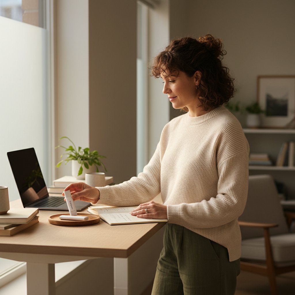 Woman at a minimal standing desk around 2pm, daylight fading slightly through a 